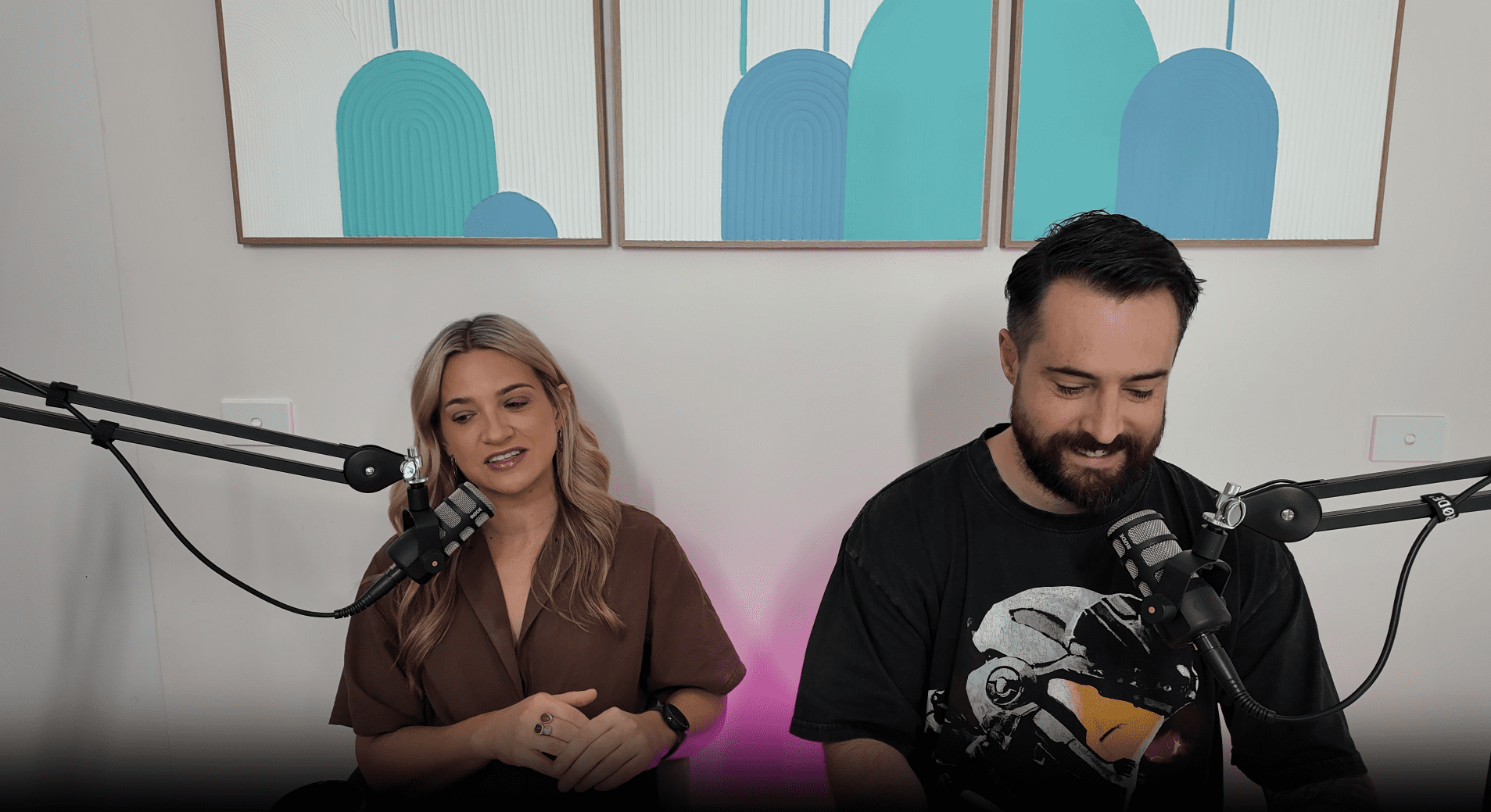 Wedding Podcast Hosts Aleks and Eddy During Recording of S6 EP6 All The Small Things
